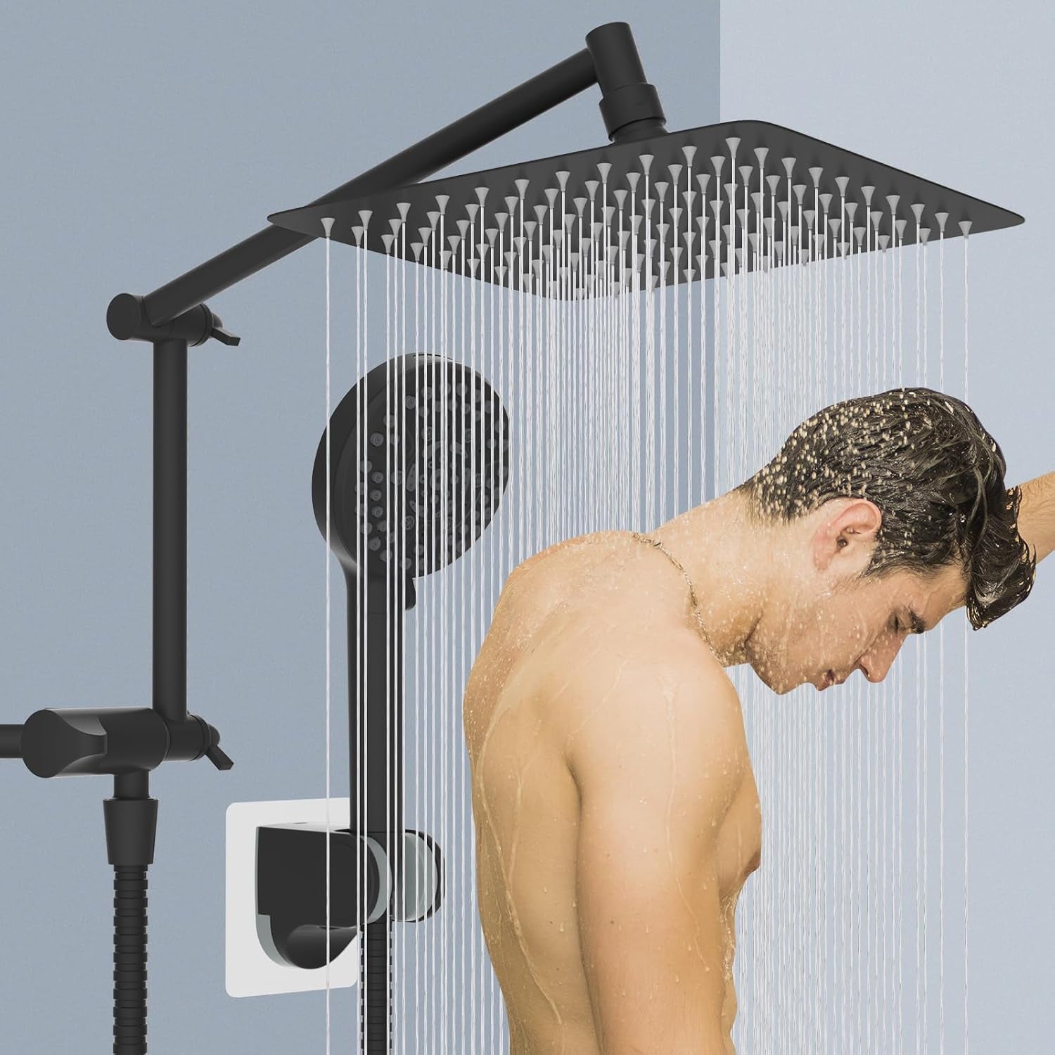 All Metal Rain Shower Head, 10” High Pressure Rainfall Shower Head with Handheld, 5" Large Handheld Showerhead Powerful Cleaning 10-Spray, 16" Shower Extension Arm Adjustable Height/Angle, Matte Black