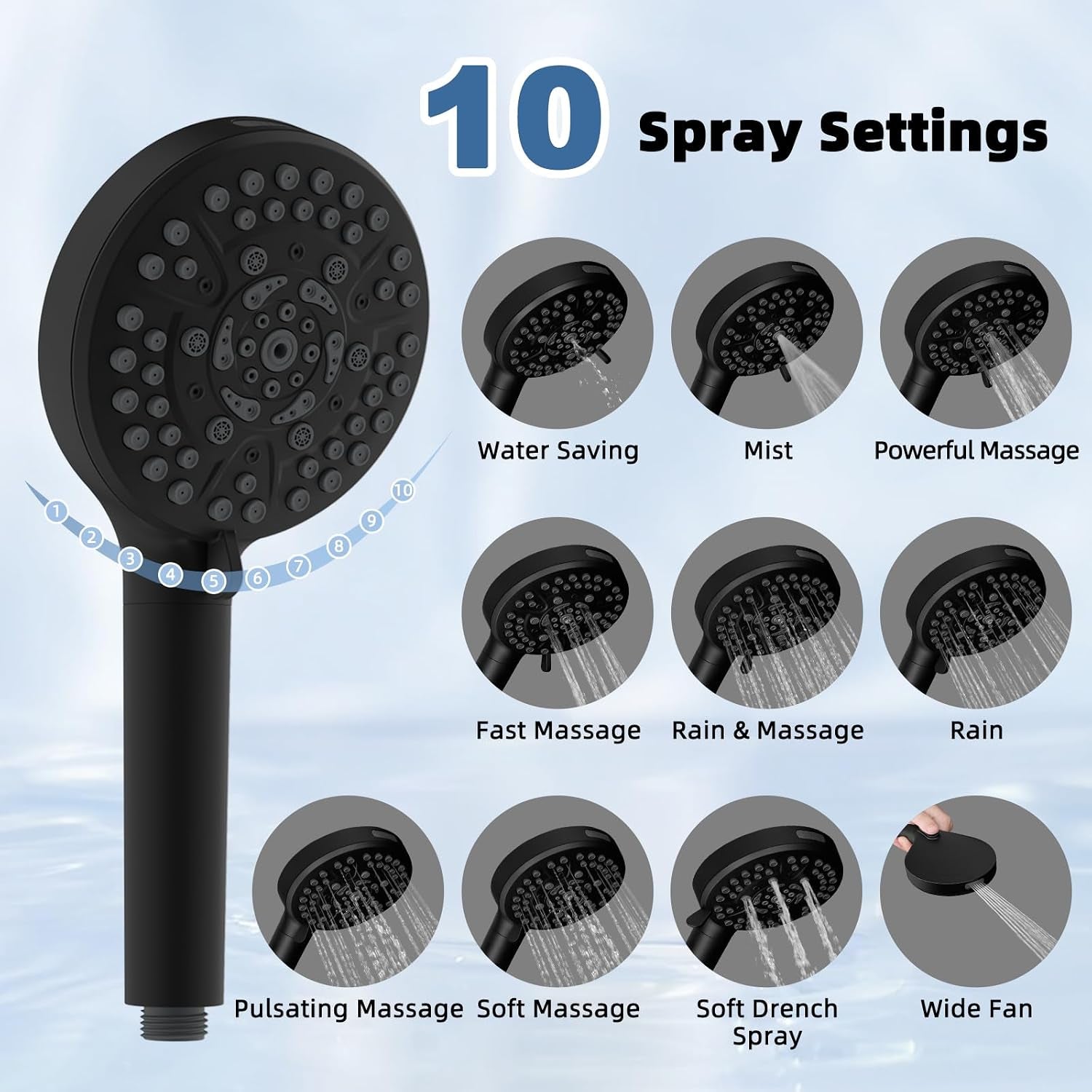 All Metal Rain Shower Head, 10” High Pressure Rainfall Shower Head with Handheld, 5" Large Handheld Showerhead Powerful Cleaning 10-Spray, 16" Shower Extension Arm Adjustable Height/Angle, Matte Black