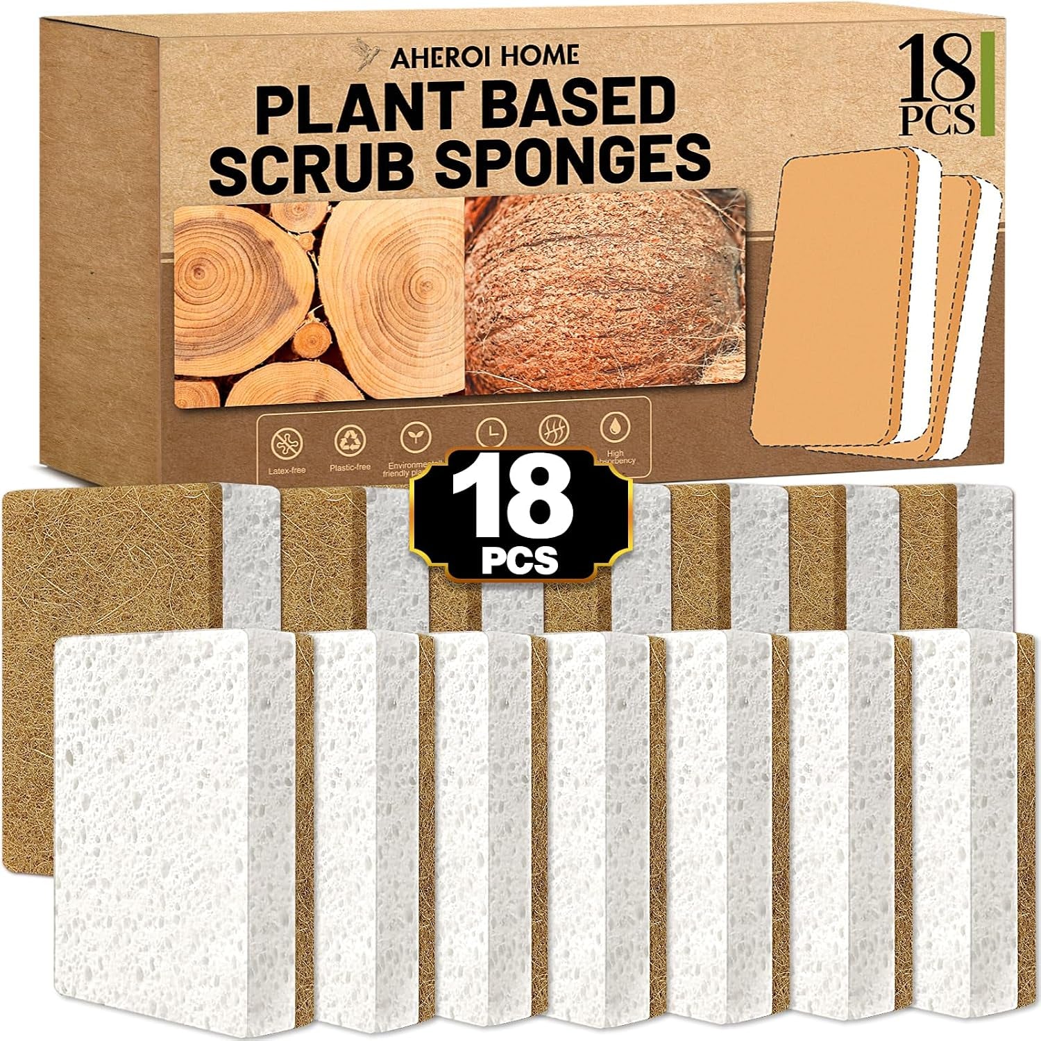 Natural Dish Sponge, 18 Count FSC Certified Plant-Based Biodegradable Kitchen Sponges for Dishes, Compostable Eco Friendly Sponges, Organic Cleaning Sponge Dish Scrubber Products for Household