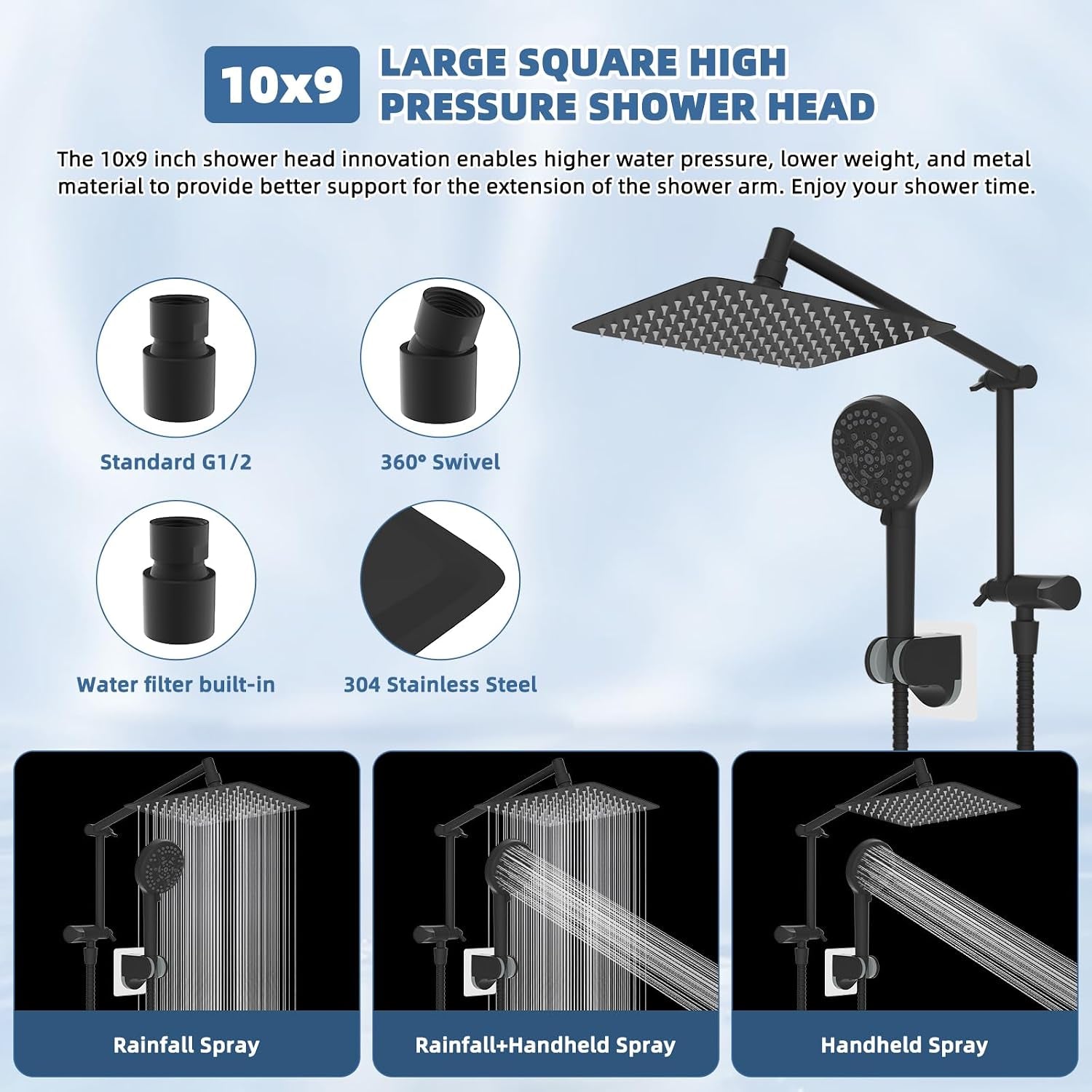 All Metal Rain Shower Head, 10” High Pressure Rainfall Shower Head with Handheld, 5" Large Handheld Showerhead Powerful Cleaning 10-Spray, 16" Shower Extension Arm Adjustable Height/Angle, Matte Black