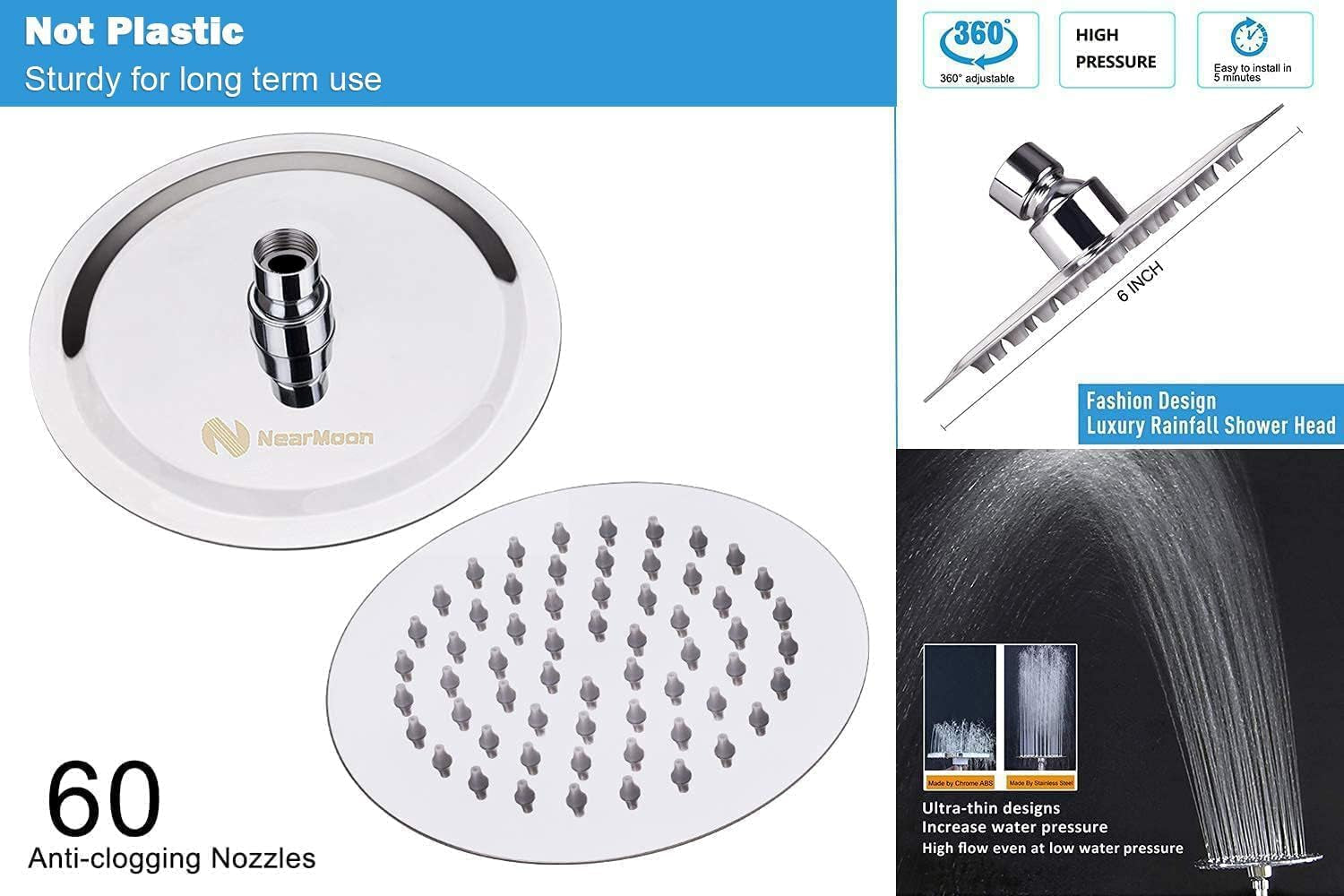 Shower Head and 15 Stage Shower Filter Combo, High Pressure Filtered Shower for Hard Water, Improves the Condition of Your Skin, Hair (6 Inch, Chrome)