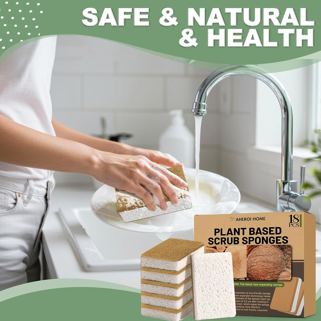 Natural Dish Sponge, 18 Count FSC Certified Plant-Based Biodegradable Kitchen Sponges for Dishes, Compostable Eco Friendly Sponges, Organic Cleaning Sponge Dish Scrubber Products for Household