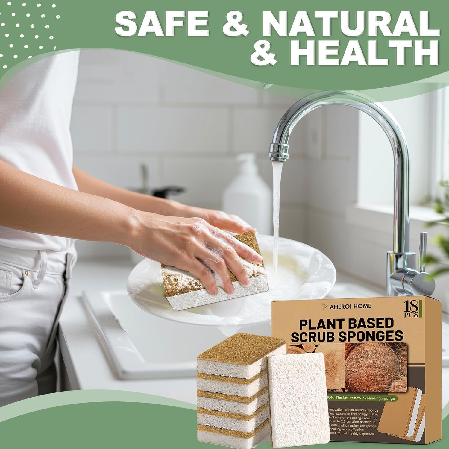 Natural Dish Sponge, 18 Count FSC Certified Plant-Based Biodegradable Kitchen Sponges for Dishes, Compostable Eco Friendly Sponges, Organic Cleaning Sponge Dish Scrubber Products for Household