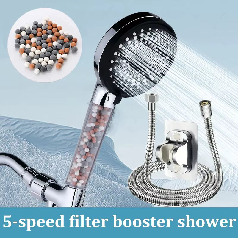 5-Speed Adjustable Handheld Filter Booster Shower Head with Negative Ion Hard Water Softening Technology
