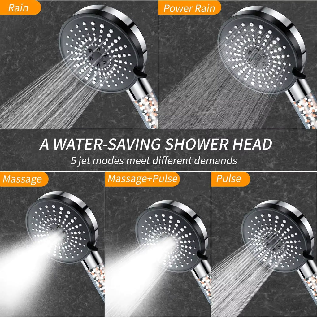 5-Speed Adjustable Handheld Filter Booster Shower Head with Negative Ion Hard Water Softening Technology