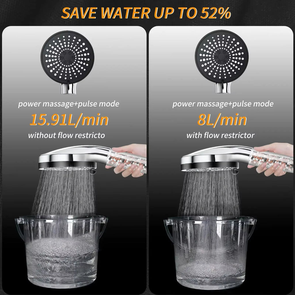 5-Speed Adjustable Handheld Filter Booster Shower Head with Negative Ion Hard Water Softening Technology