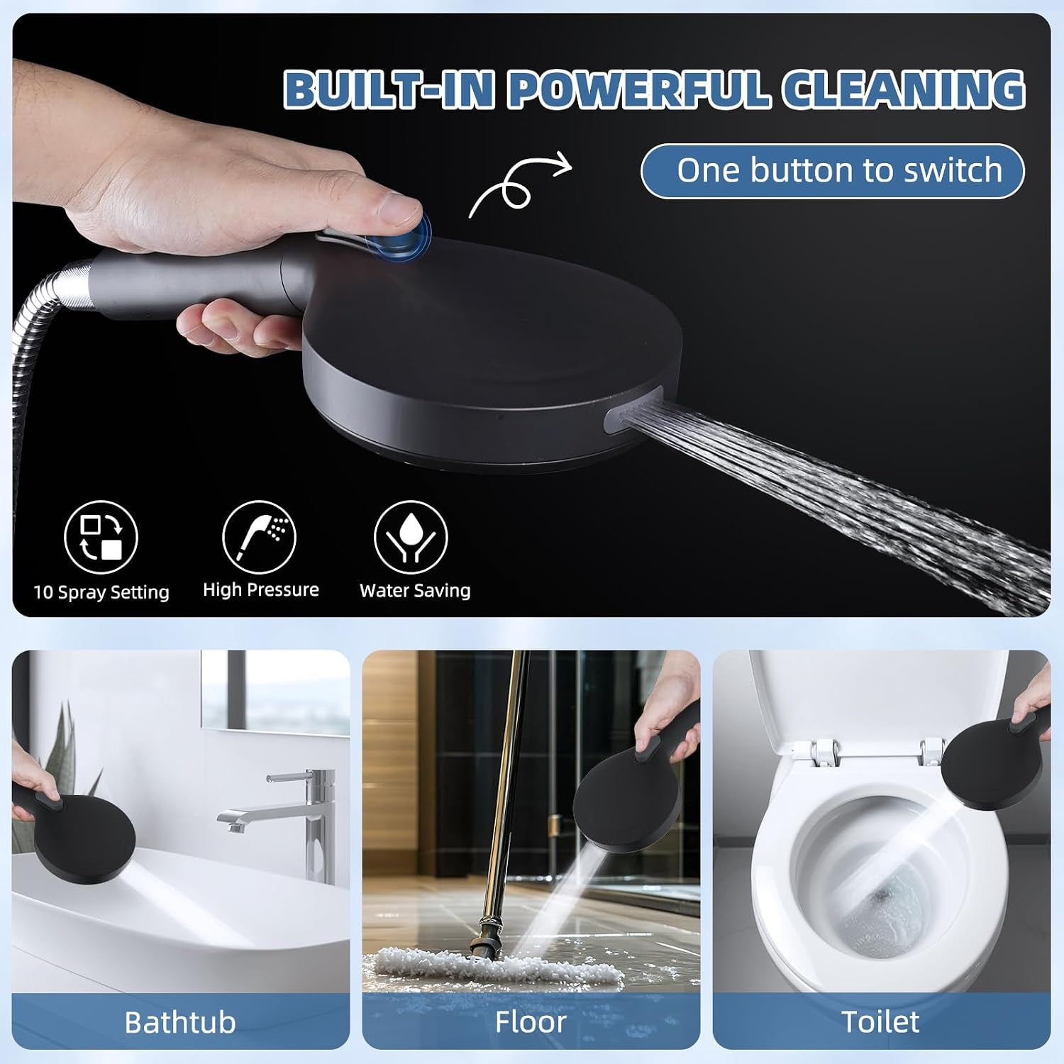 All Metal Rain Shower Head, 10” High Pressure Rainfall Shower Head with Handheld, 5" Large Handheld Showerhead Powerful Cleaning 10-Spray, 16" Shower Extension Arm Adjustable Height/Angle, Matte Black
