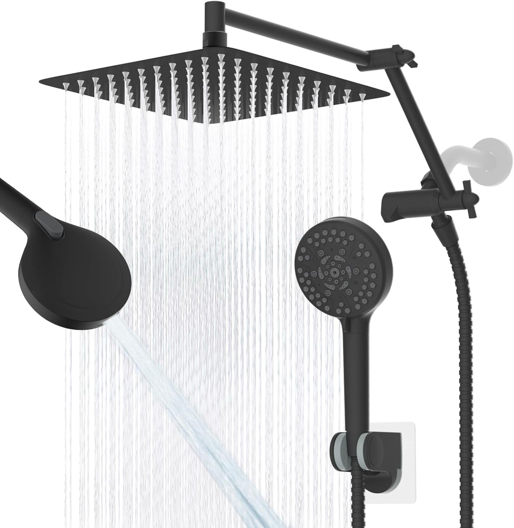All Metal Rain Shower Head, 10” High Pressure Rainfall Shower Head with Handheld, 5" Large Handheld Showerhead Powerful Cleaning 10-Spray, 16" Shower Extension Arm Adjustable Height/Angle, Matte Black