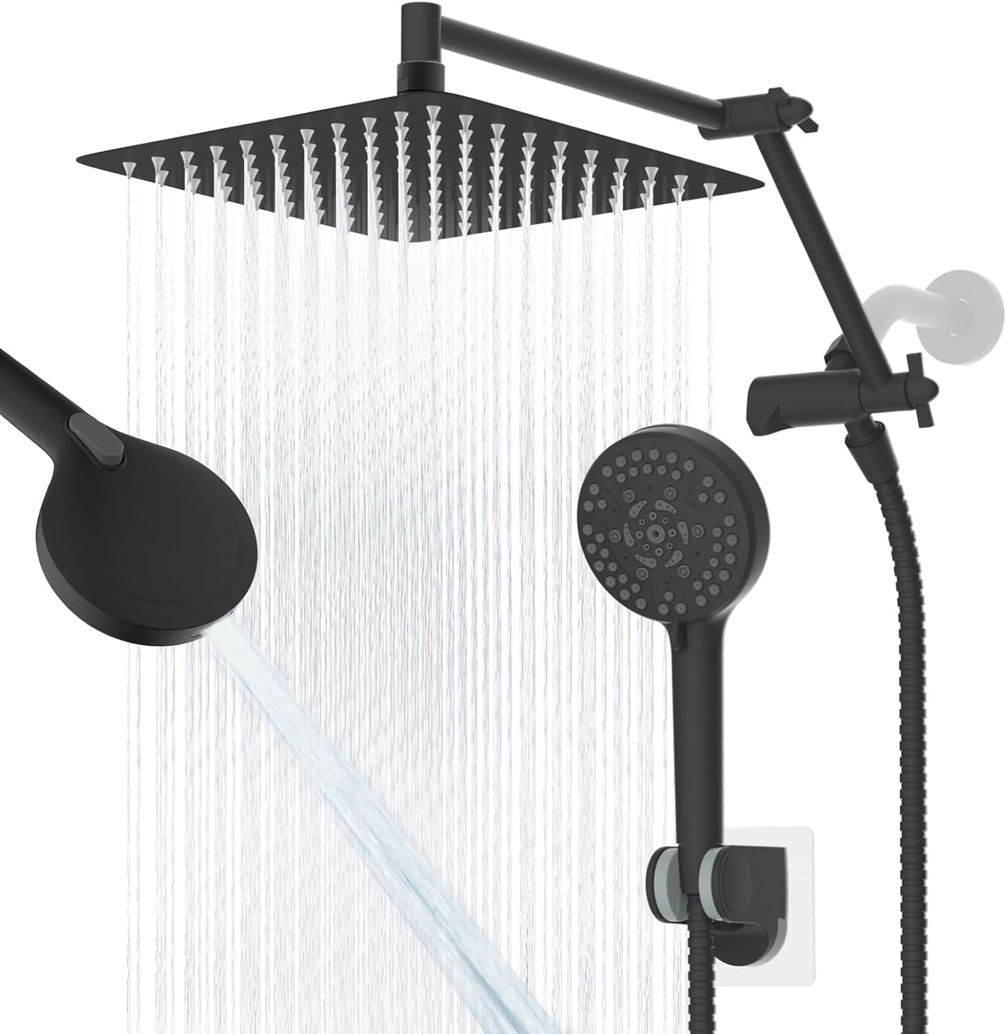 All Metal Rain Shower Head, 10” High Pressure Rainfall Shower Head with Handheld, 5" Large Handheld Showerhead Powerful Cleaning 10-Spray, 16" Shower Extension Arm Adjustable Height/Angle, Matte Black