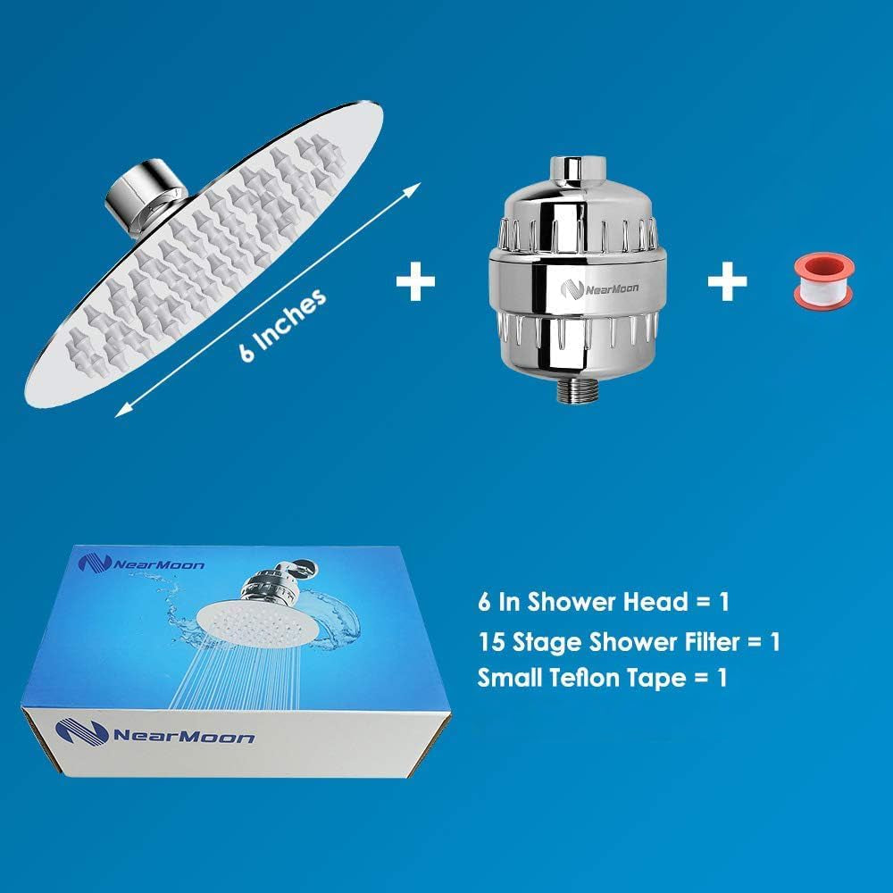 Shower Head and 15 Stage Shower Filter Combo, High Pressure Filtered Shower for Hard Water, Improves the Condition of Your Skin, Hair (6 Inch, Chrome)