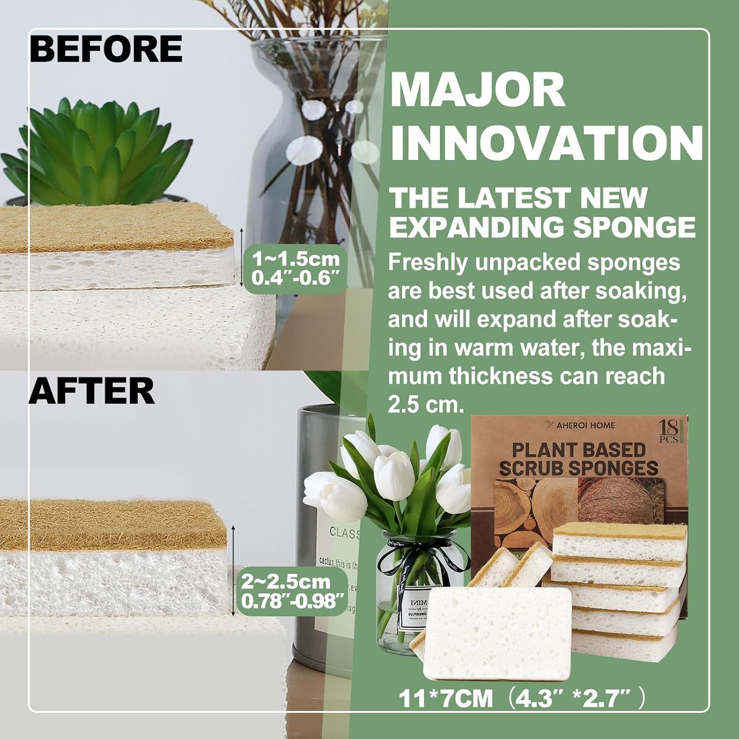 Natural Dish Sponge, 18 Count FSC Certified Plant-Based Biodegradable Kitchen Sponges for Dishes, Compostable Eco Friendly Sponges, Organic Cleaning Sponge Dish Scrubber Products for Household