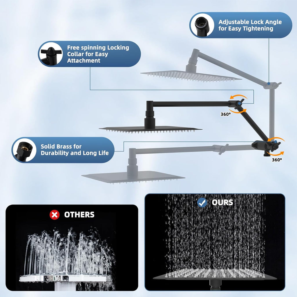 All Metal Rain Shower Head, 10” High Pressure Rainfall Shower Head with Handheld, 5" Large Handheld Showerhead Powerful Cleaning 10-Spray, 16" Shower Extension Arm Adjustable Height/Angle, Matte Black
